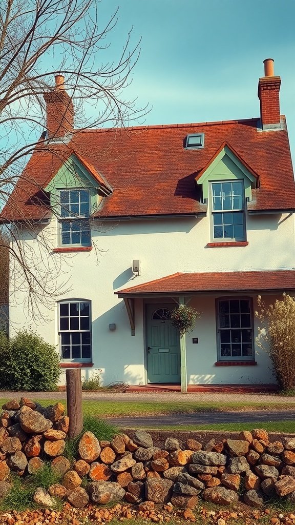 A charming heritage farmhouse with a sloped roof, large windows, and a stone wall in front.