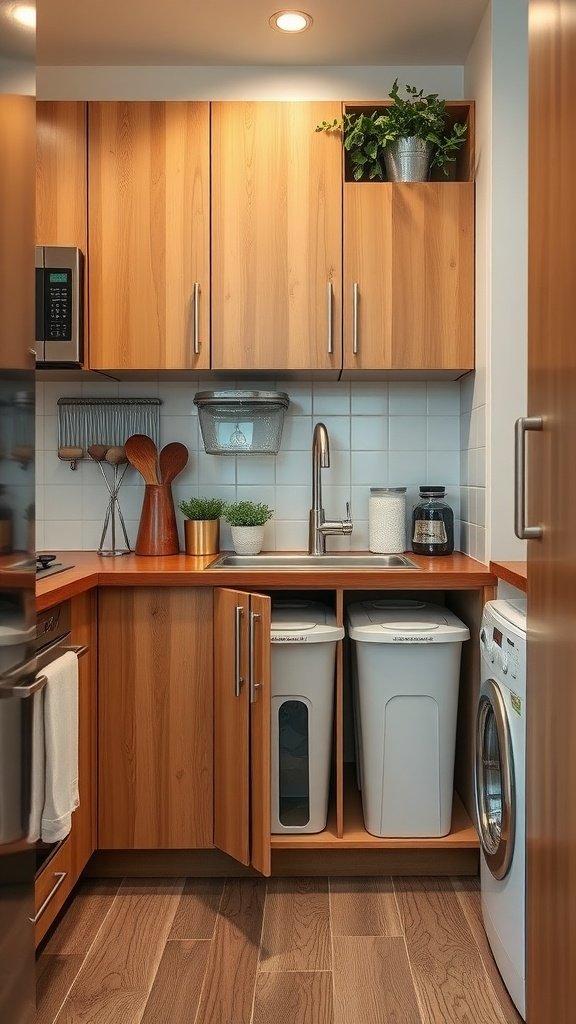 A compact kitchen with hidden trash and recycling bins under the countertop.