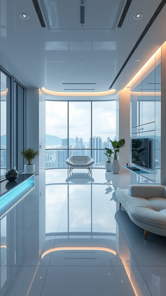A modern penthouse interior featuring large windows, sleek furniture, and smart home technology.