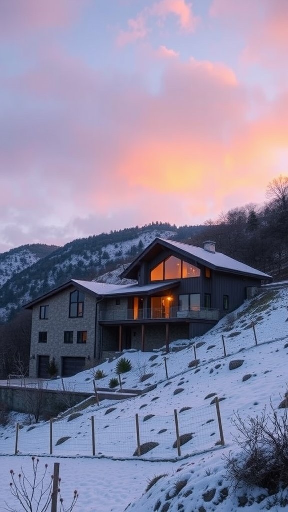 A modern hillside home with a snowy landscape and mountains in the background, illuminated by evening light.