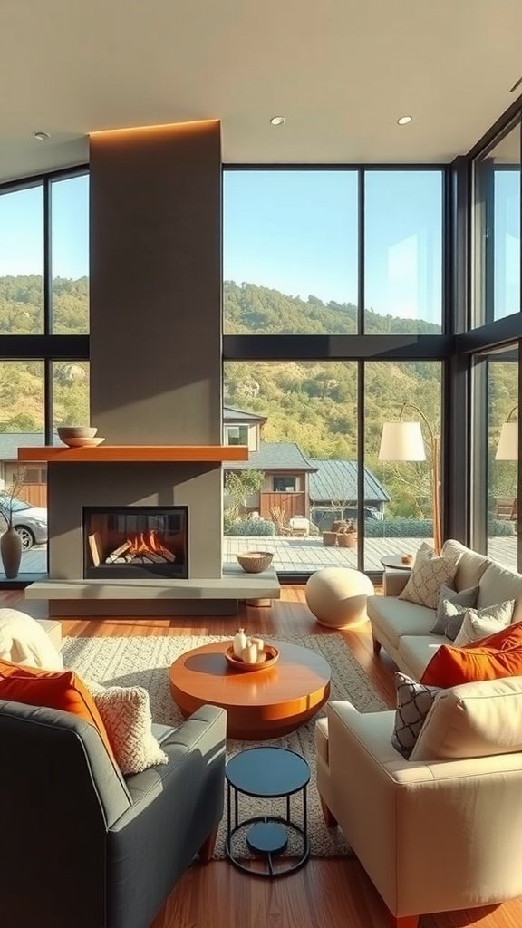 A modern living room with a fireplace, large windows, and cozy seating, showcasing a hillside view.
