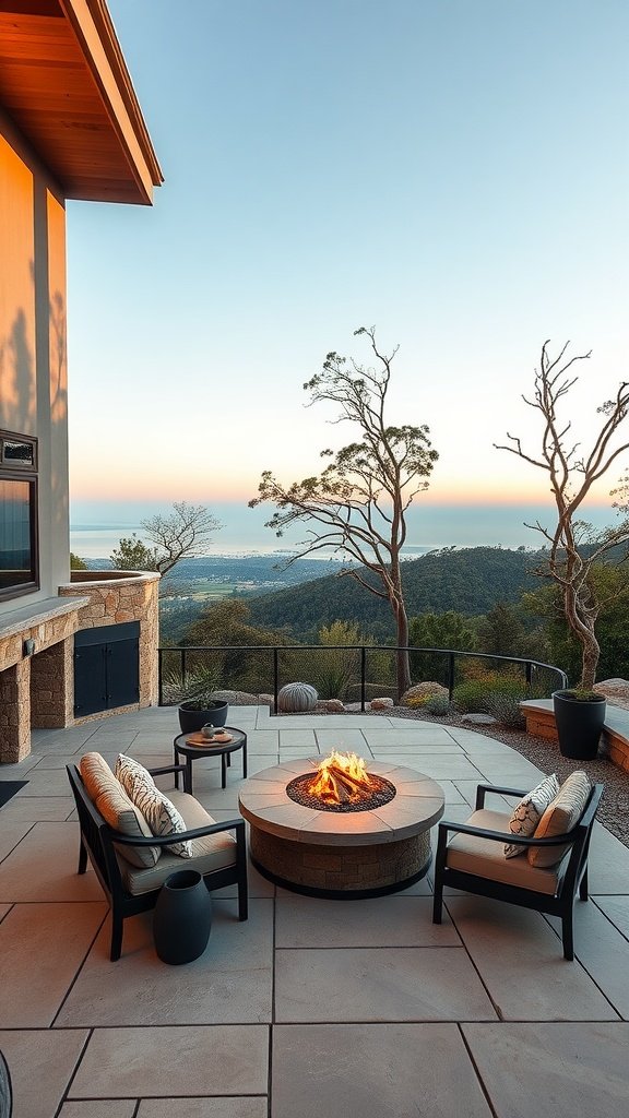 Cozy outdoor living space featuring a fire pit and comfortable seating with a scenic hillside view.