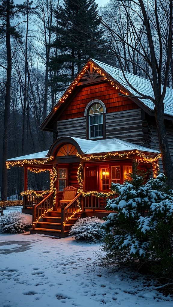A historic cabin decorated with lights and surrounded by snow in New Hampshire