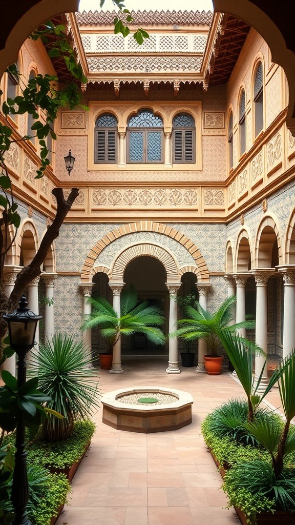 Courtyard of a historic Moorish mansion in Granada featuring arches, plants, and a fountain.