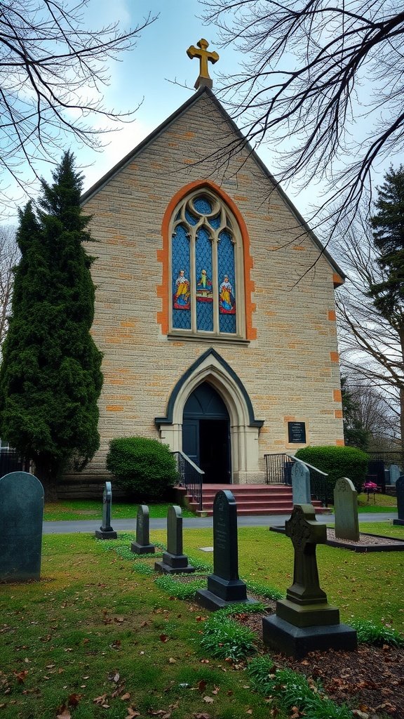 Historic stone church with stained glass windows and gravestones in front
