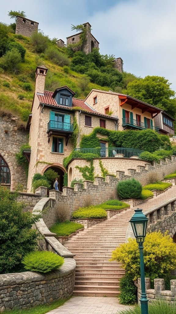 A picturesque hillside with historical homes and ancient ruins, surrounded by lush greenery and a winding staircase