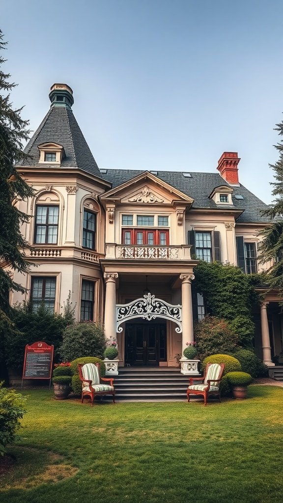 A beautiful historical mansion with ornate design, lush gardens, and vintage chairs on the porch.