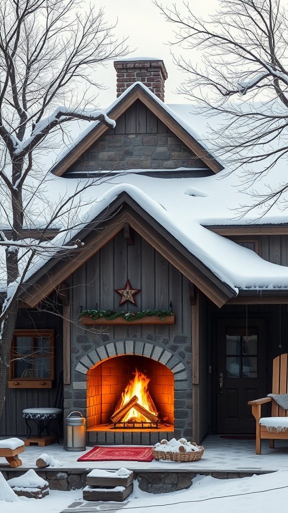 A cozy historical stone cabin with a warm fireplace, surrounded by snow and trees.