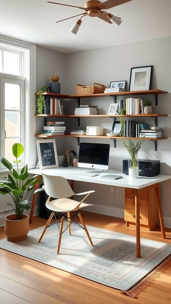 A bright and inviting home office featuring a modern desk, stylish chair, and shelves filled with books and plants.
