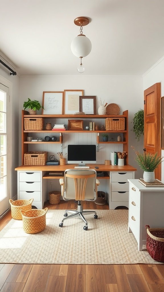 A cozy and inviting home office featuring a wooden desk, stylish chair, open shelves with baskets, and natural light.