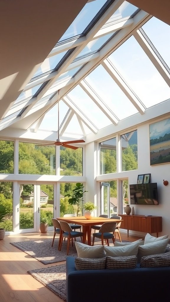 Bright and airy living space with large windows and high ceilings in a hillside home