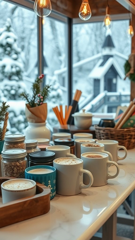 A cozy hot cocoa bar setup with various mugs and toppings in a winter cabin.