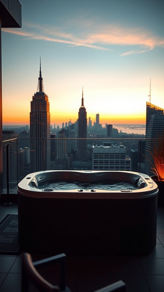 A luxury hot tub on a penthouse terrace with a view of skyscrapers at sunset.