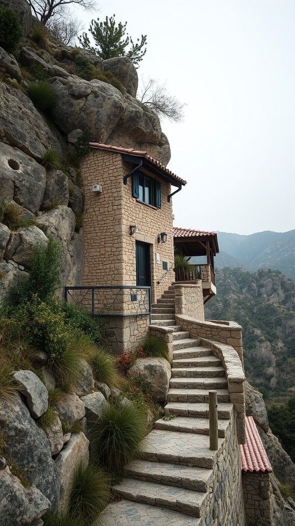 A hillside house with a natural stone exterior and a winding staircase