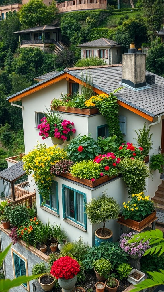 Vibrant rooftop garden on a sloped house, featuring colorful flowers and greenery