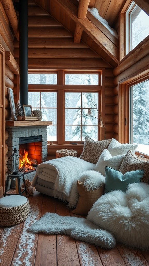 Cozy cabin interior with a comfortable couch, fluffy pillows, and a fireplace.