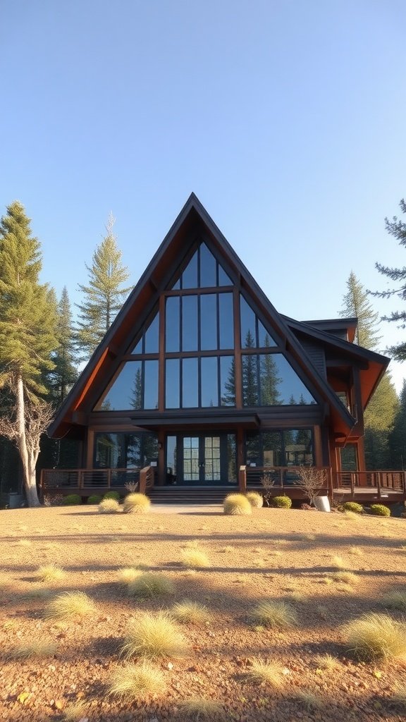 A modern A-frame house with large windows and wooden accents, surrounded by trees