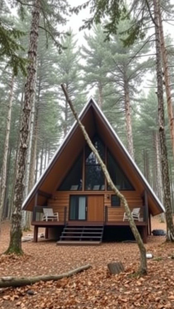 A cozy A-frame cabin in a forest with tall trees and a wooden facade.