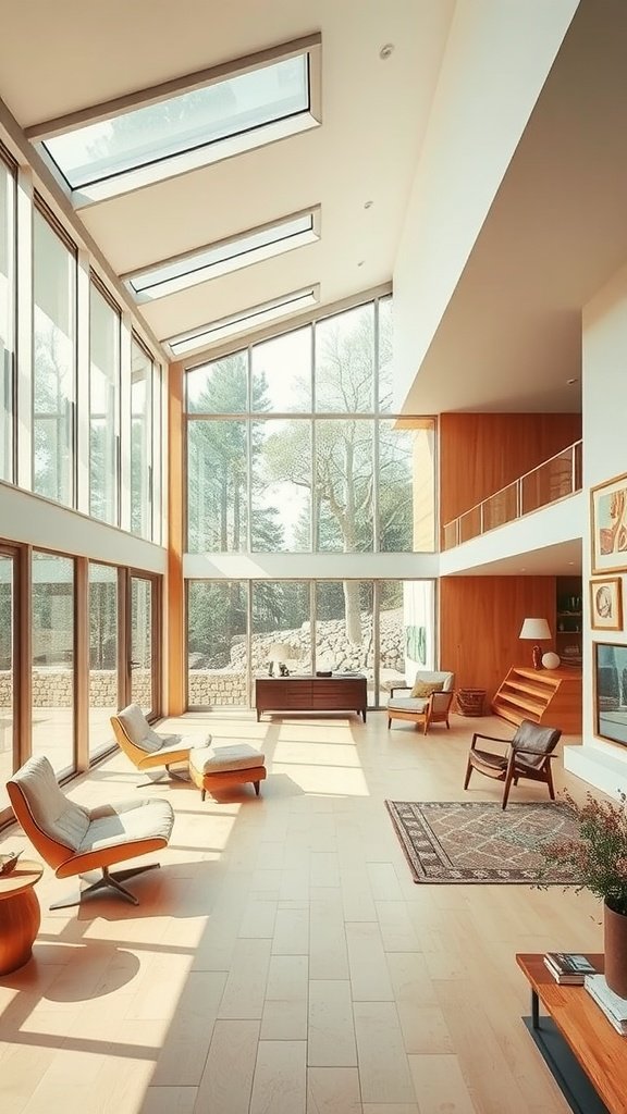 Bright and airy modern living room featuring large windows, skylights, and minimalist furniture.