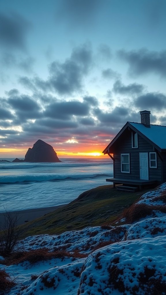 A cozy cabin on the Oregon Coast with a sunset in the background.