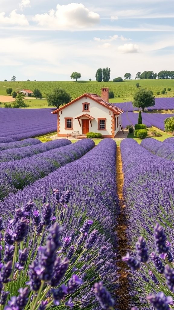 A cozy farmhouse surrounded by blooming lavender fields under a blue sky.