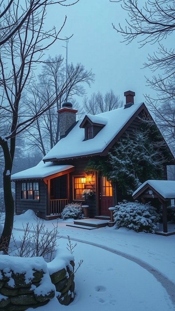 Snow-covered cottage with warm light glowing from the window