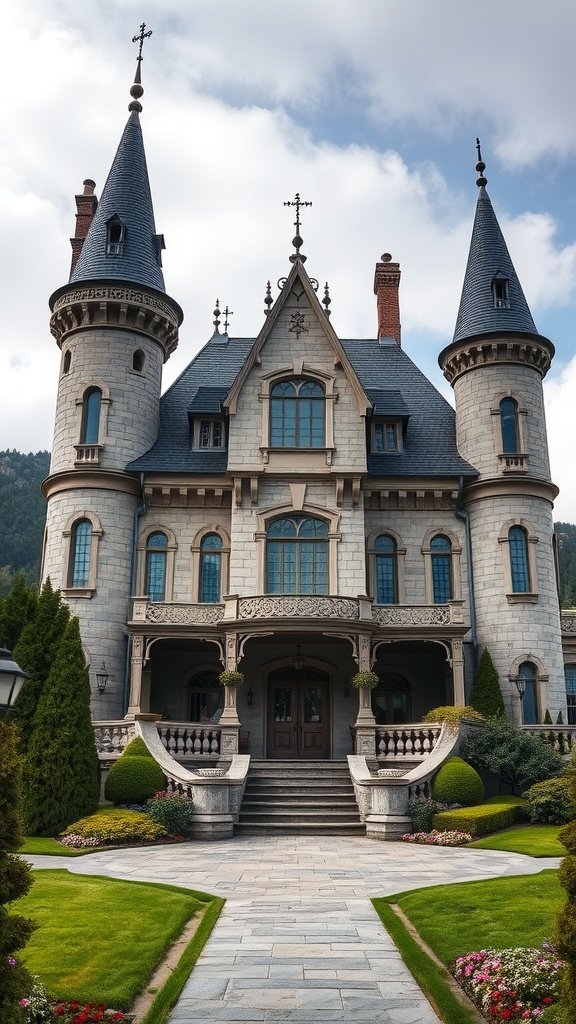 A castle-inspired house with tall spires, intricate stone work, and a beautifully landscaped garden.