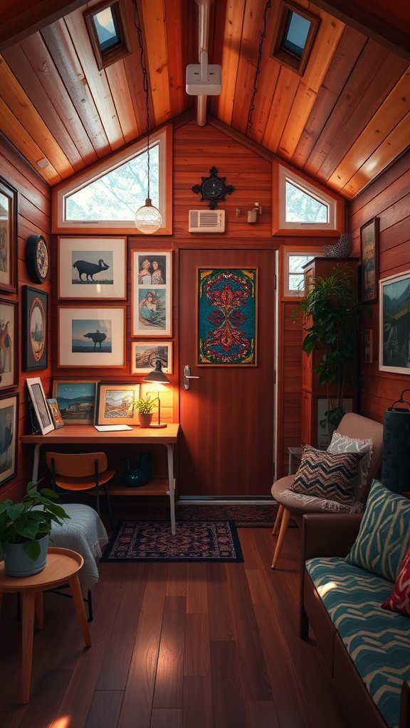 Interior of a mid-century modern tiny house with wooden walls, framed art, a tapestry, and plants.