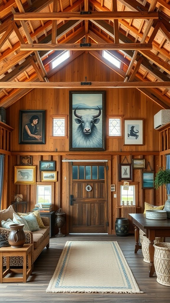 Interior of a modern barn house featuring wooden walls, artwork, and cozy furnishings.
