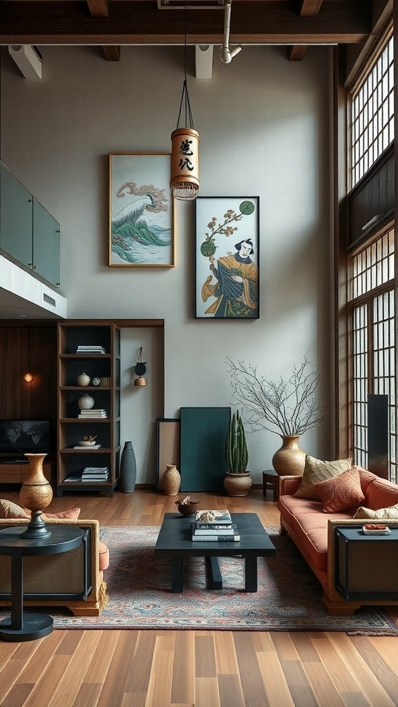 A modern Japanese loft featuring traditional art, warm lighting, and minimalist furniture.