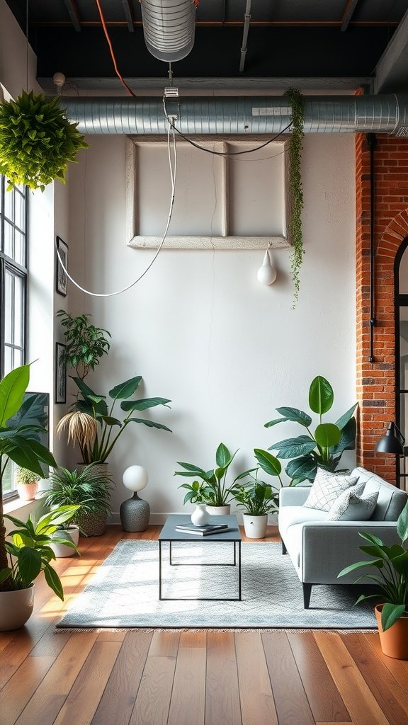 A modern loft living room filled with various indoor plants, showcasing a cozy yet contemporary atmosphere.