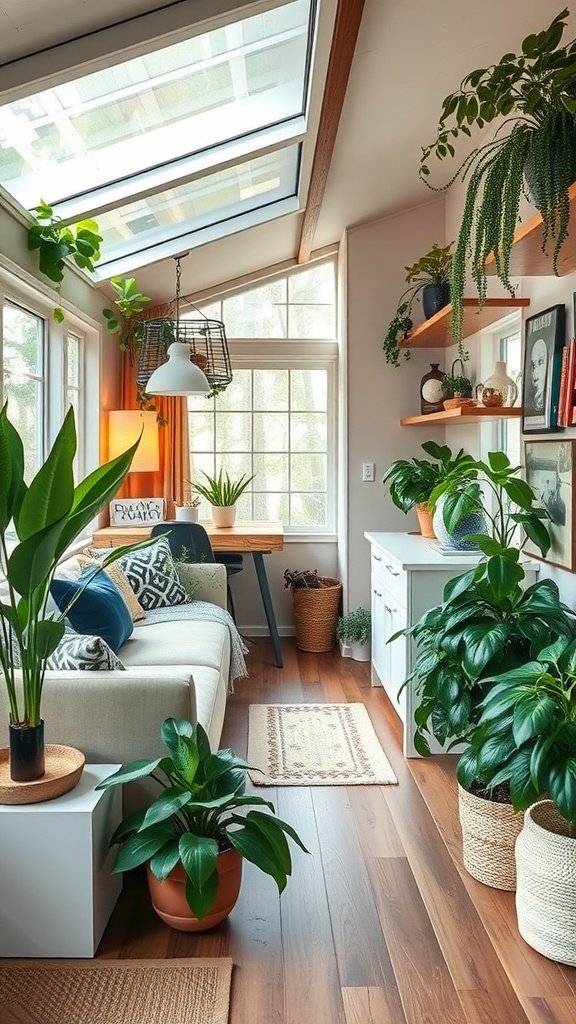 A cozy mid-century modern living space filled with various indoor plants, featuring a skylight and natural light.