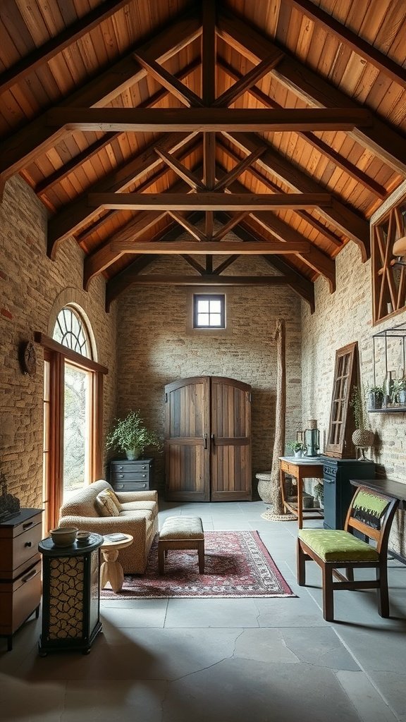 Cozy interior of a modern barn house featuring wooden beams, stone walls, and natural decor elements.