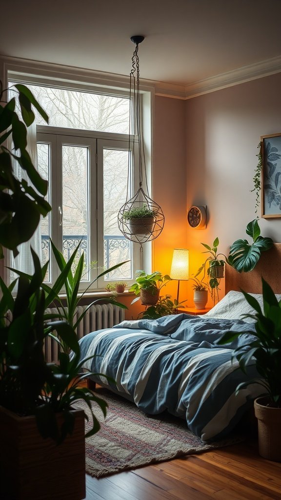 A cozy bedroom featuring a mix of indoor plants, warm lighting, and comfortable bedding.