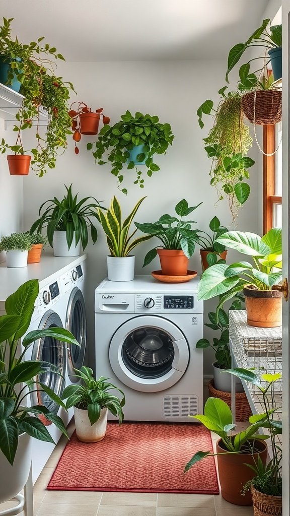 A bright and airy laundry room filled with various potted plants, showcasing a washing machine and dryer.