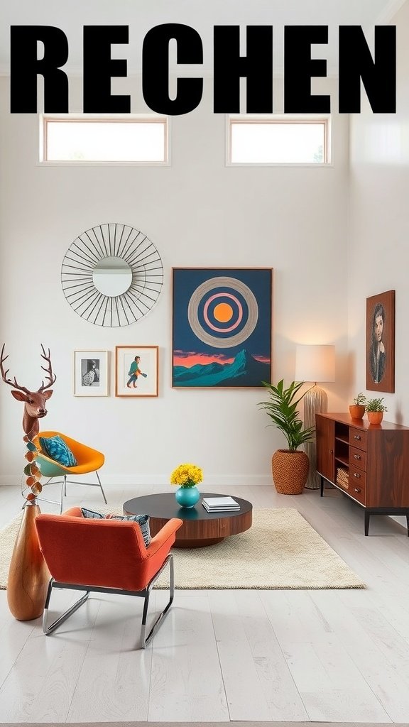 A stylish living room featuring retro art and colorful furniture in a modern 70s style