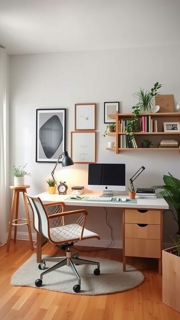 A modern home office with a vintage touch, featuring a sleek desk, vintage chair, plants, and art on the walls.
