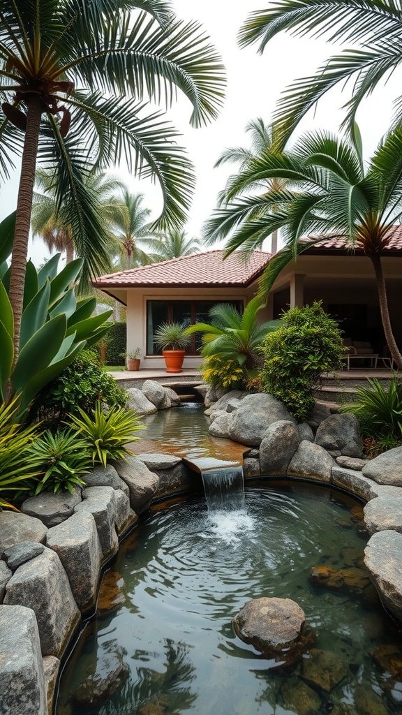 A tropical house landscape featuring a water feature with rocks and lush plants
