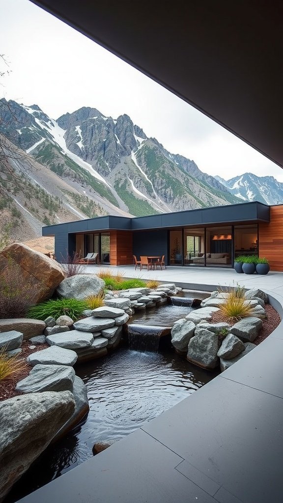 A modern mountain home with a water feature surrounded by rocks and greenery, set against a backdrop of mountains.