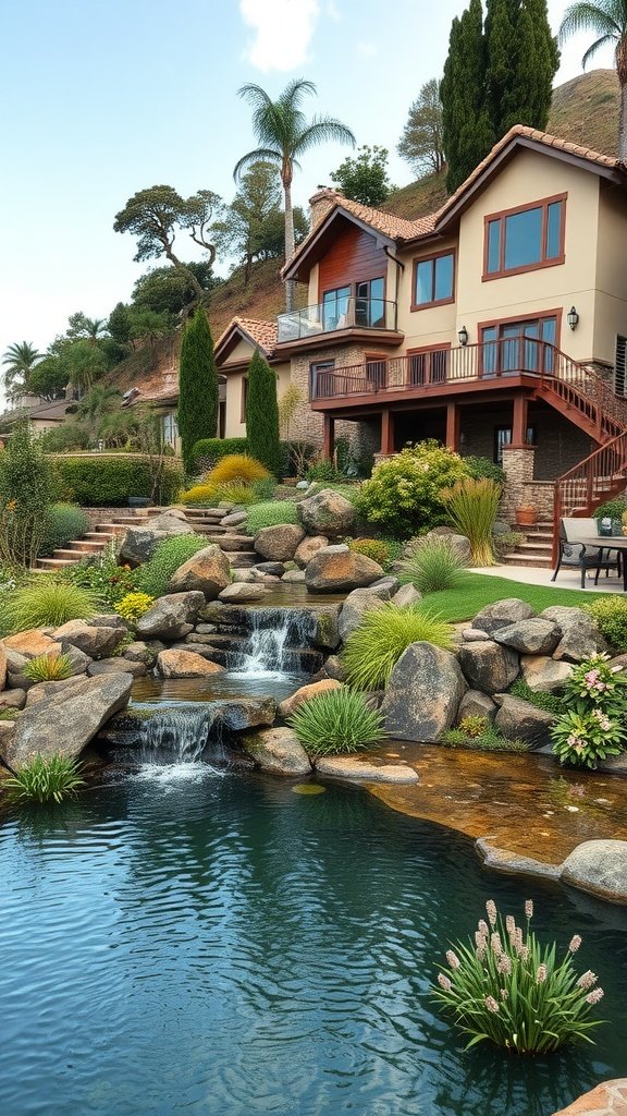 A hillside home featuring a cascade of water flowing into a serene pond, surrounded by lush landscaping.