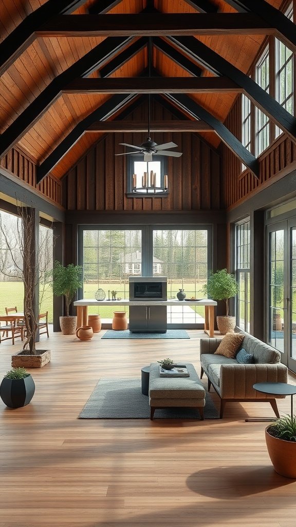Interior view of a modern barn house with large windows and wooden ceilings, showcasing a seamless indoor-outdoor flow.