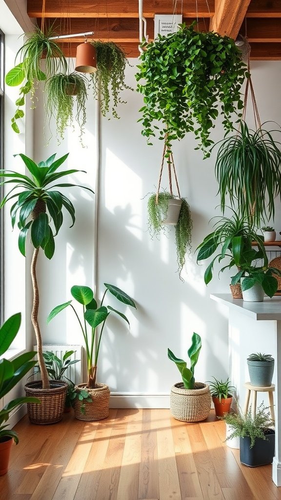A modern Japanese loft featuring various indoor plants, including hanging and potted greenery, creating a cozy and inviting atmosphere.