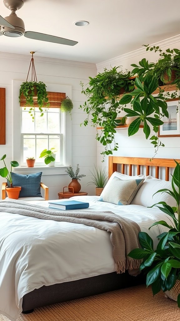 A cozy farmhouse guest bedroom filled with indoor plants and greenery