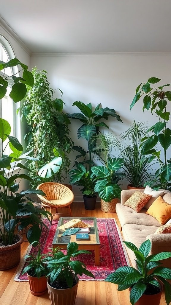 Cozy living room with a variety of indoor plants, featuring a sofa, coffee table, and stylish chair.