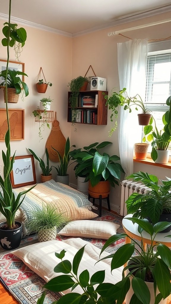 A cozy bohemian-style bedroom filled with various indoor plants and comfortable floor cushions.