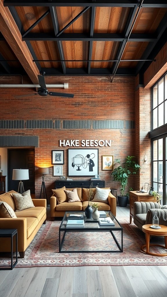 A cozy modern loft living room featuring industrial-chic furniture with an exposed brick wall, wooden beams, and stylish decor.
