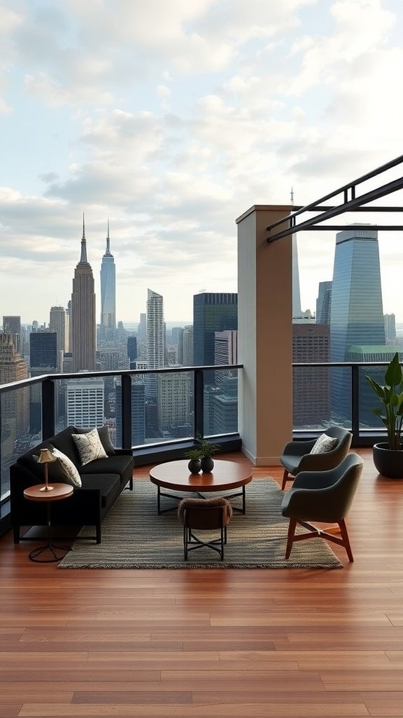 Interior of an industrial-style penthouse in Chelsea with skyline views.
