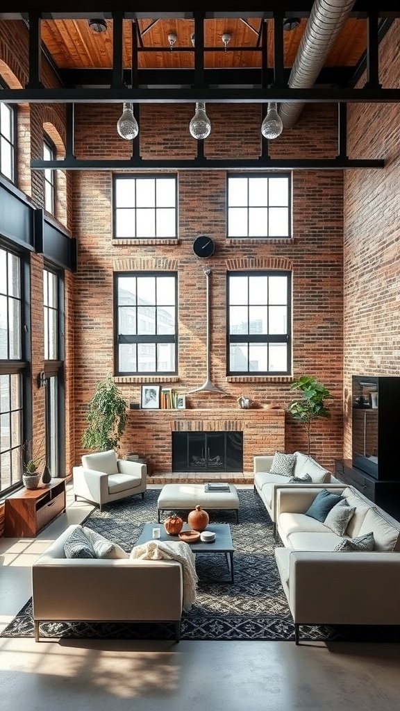 A stylish industrial chic living room featuring exposed brick walls, large windows, and modern furniture.