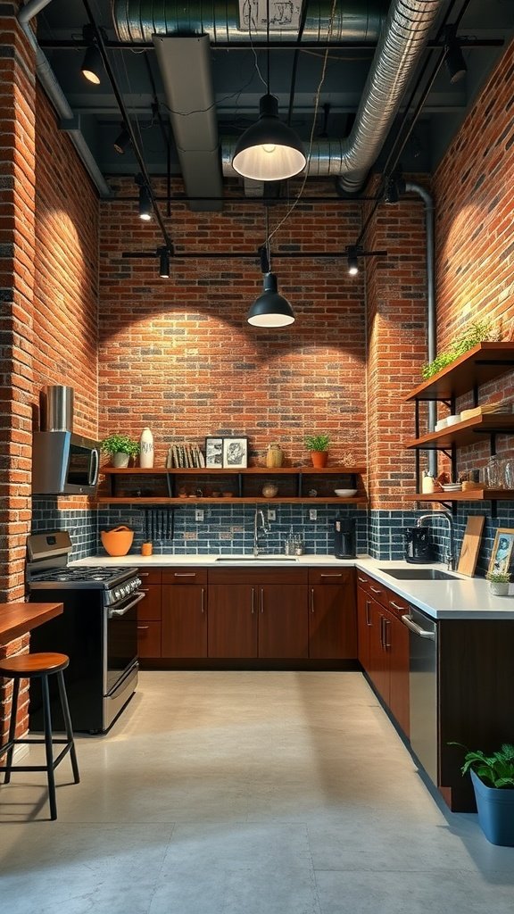 A modern loft kitchen featuring exposed brick walls, wooden cabinetry, and stylish lighting.