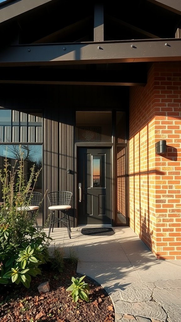 Modern house exterior featuring industrial elements like brick and metal, with a welcoming entryway.